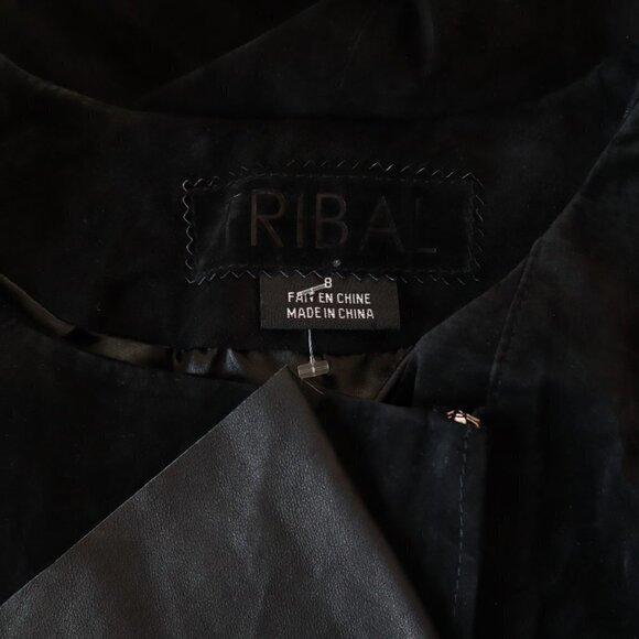Tribal Brand Vintage Black 100% Suede Leather Ruffle Zip Front Fitted Jacket 8 - Picture 4 of 4
